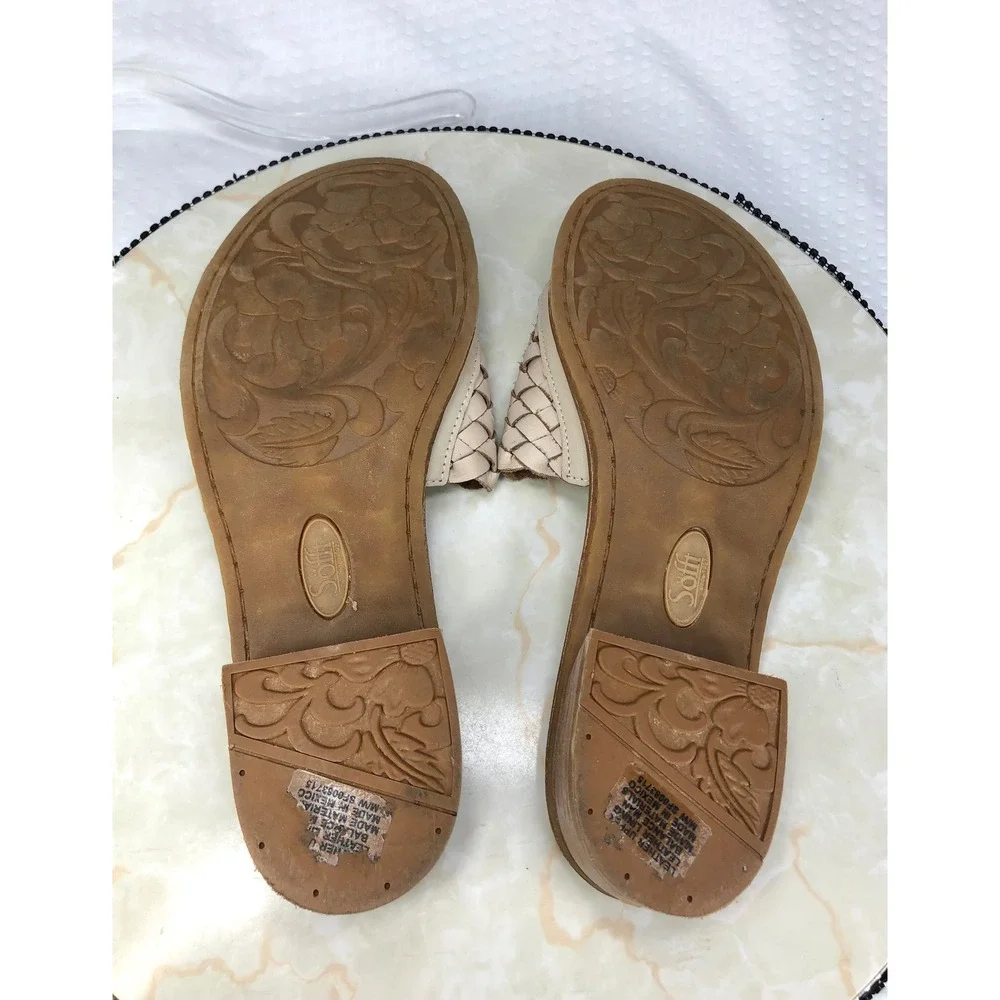 Sofft Woven Leather Open Toe Slide Sandals Womens 9.5 Cream Summer Comfy Flats